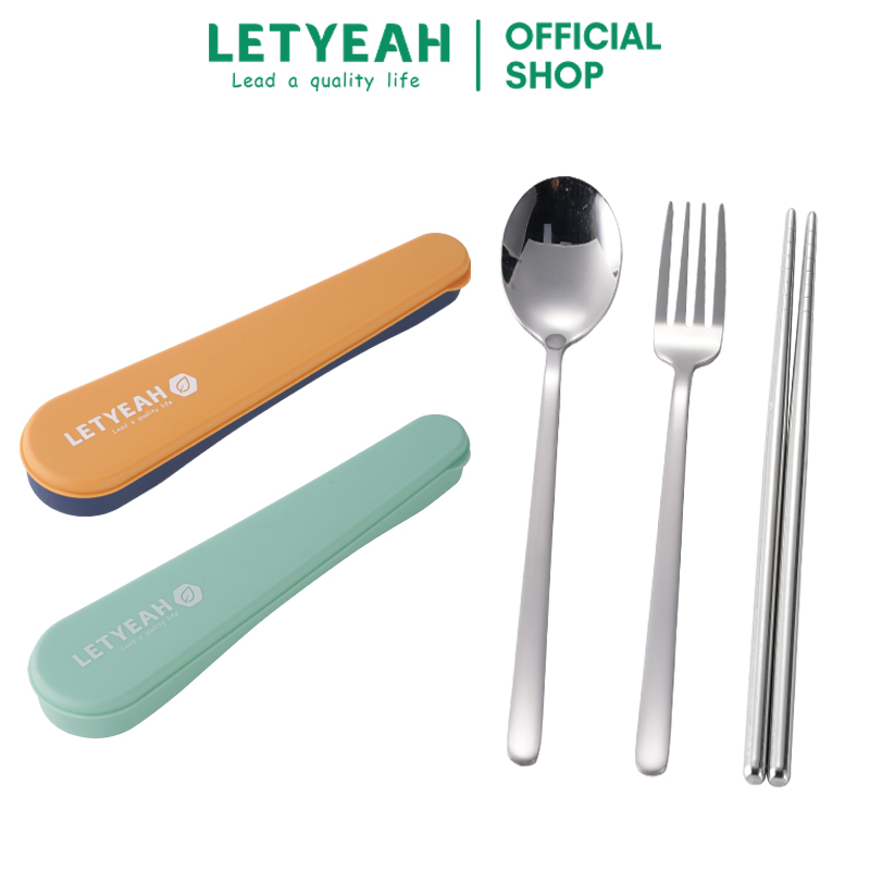 LetYeah 3Pcs Sendok Set Alat Makan stainless Sendok Garpu Set Portable Dengan Kotak Berbahan