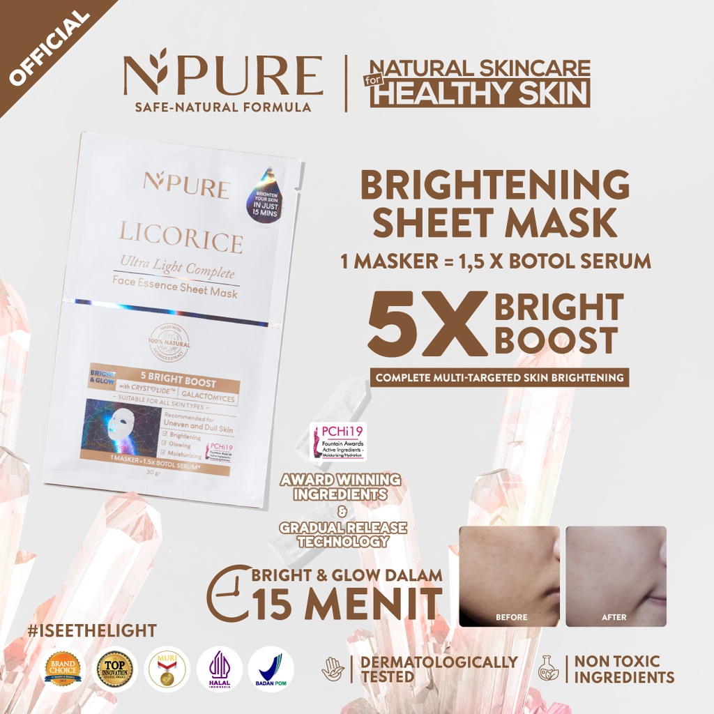 

NPURE Sheet Mask Licorice / Ultra Light Complete / Brightening Sheet Mask / Masker Wajah Cerah Glowing / 5X Bright Boost