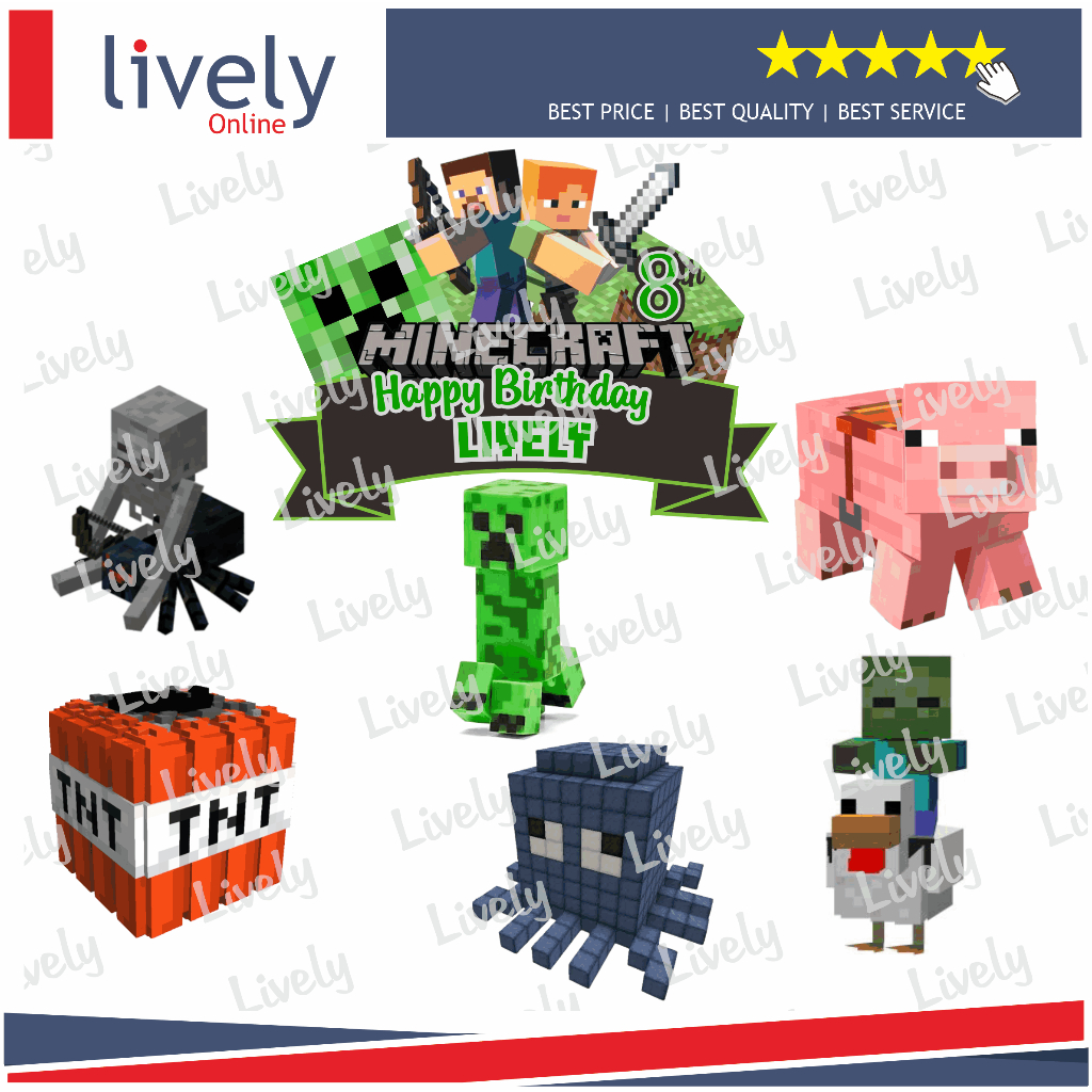 CUSTOM NAMA CAKE TOPPER KARAKTER MINECRAFT 04 HIASAN KUE ULANG TAHUN HAPPY BIRTHDAY