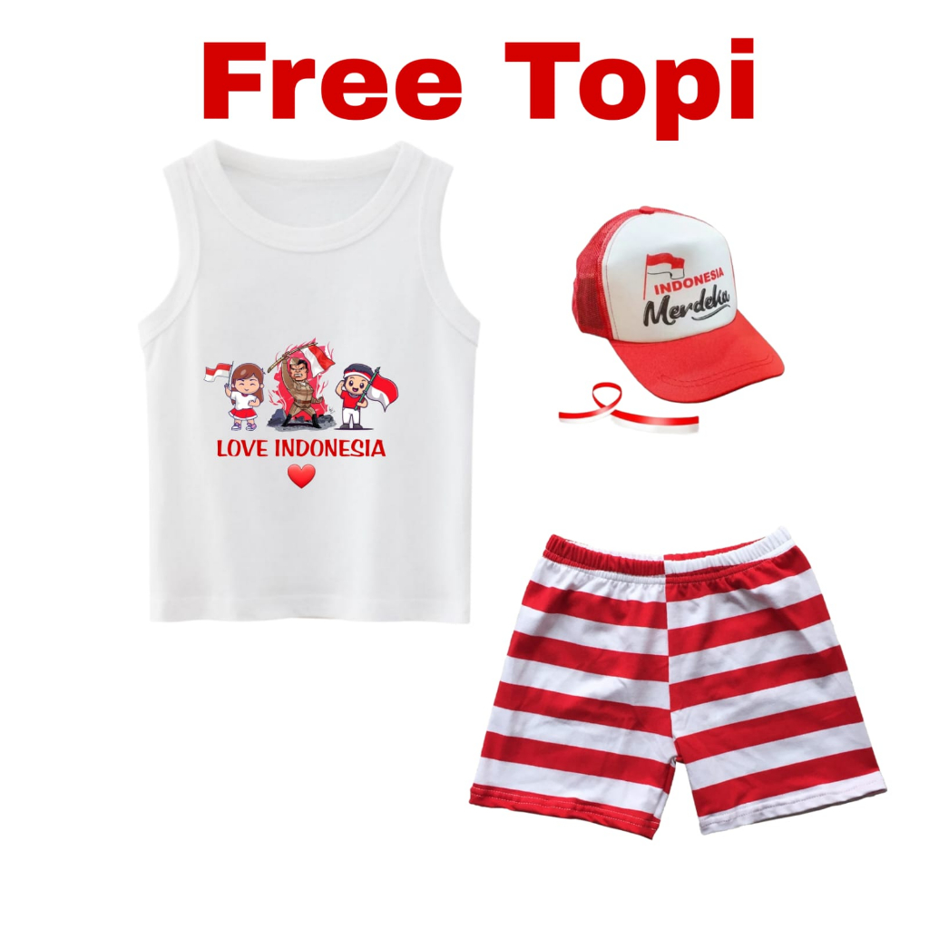 SINGLET SETELAN BAJU ANAK INDONESIA I LOVE INDONESIA 17 AGUSTUS MERDEKA BISA TAMBAH TOPI / BISA COD TERBARU