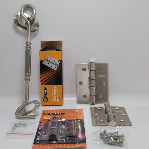 RB Promo 1 Paket Engsel 3 Inch Jendela Tebal Silver CML + Hak Angin Segi Silver Cantolan Jendela +