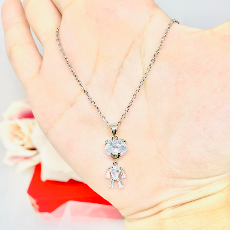 Kalung Titanium anak motif bear lucu silver
