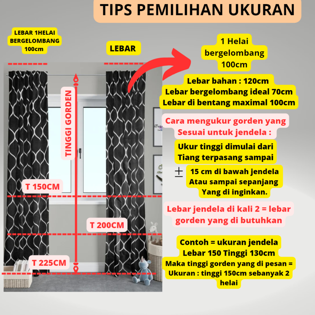 Gorden minimalis smokering Katun Free Tali&amp;hook ukuran TINGGI 225CM