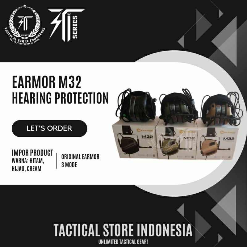 Earmor M32 Tactical Hearing Protection - Headset Headphone Tactical Hitam Hijau Cream