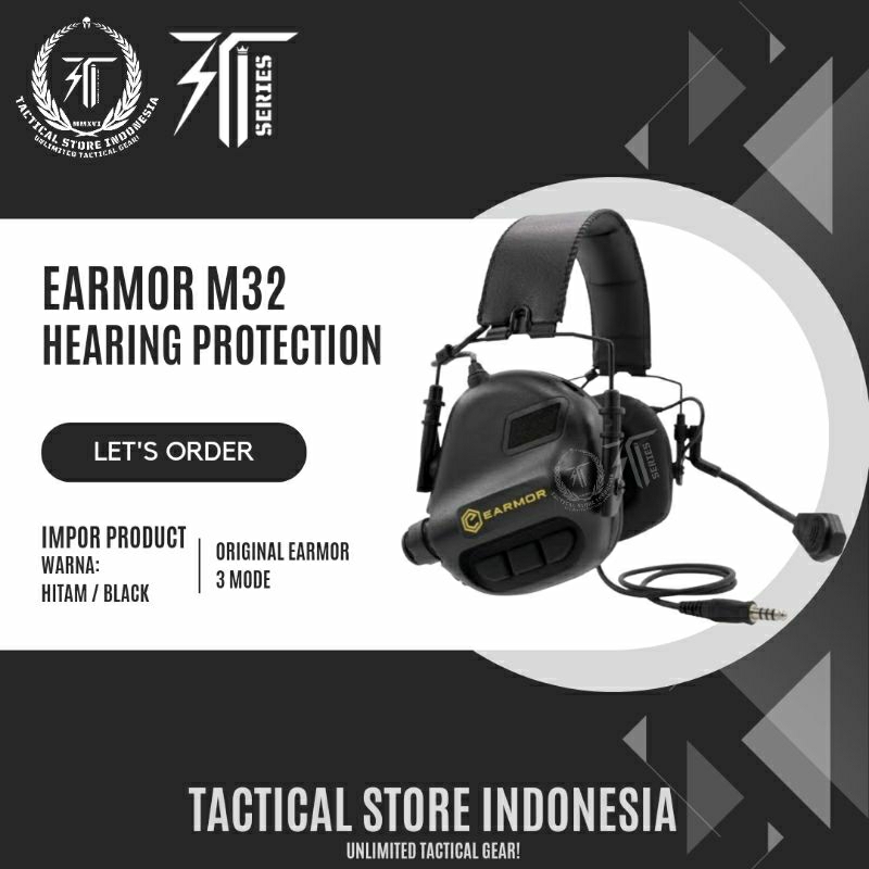 Earmor M32 Tactical Hearing Protection - Headset Headphone Tactical Hitam Hijau Cream