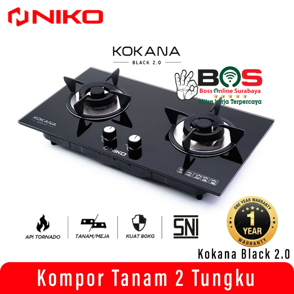 Niko Kompor Kaca 2 Tungku Gas Kokana Black 2.0 Kompor Tanam Niko