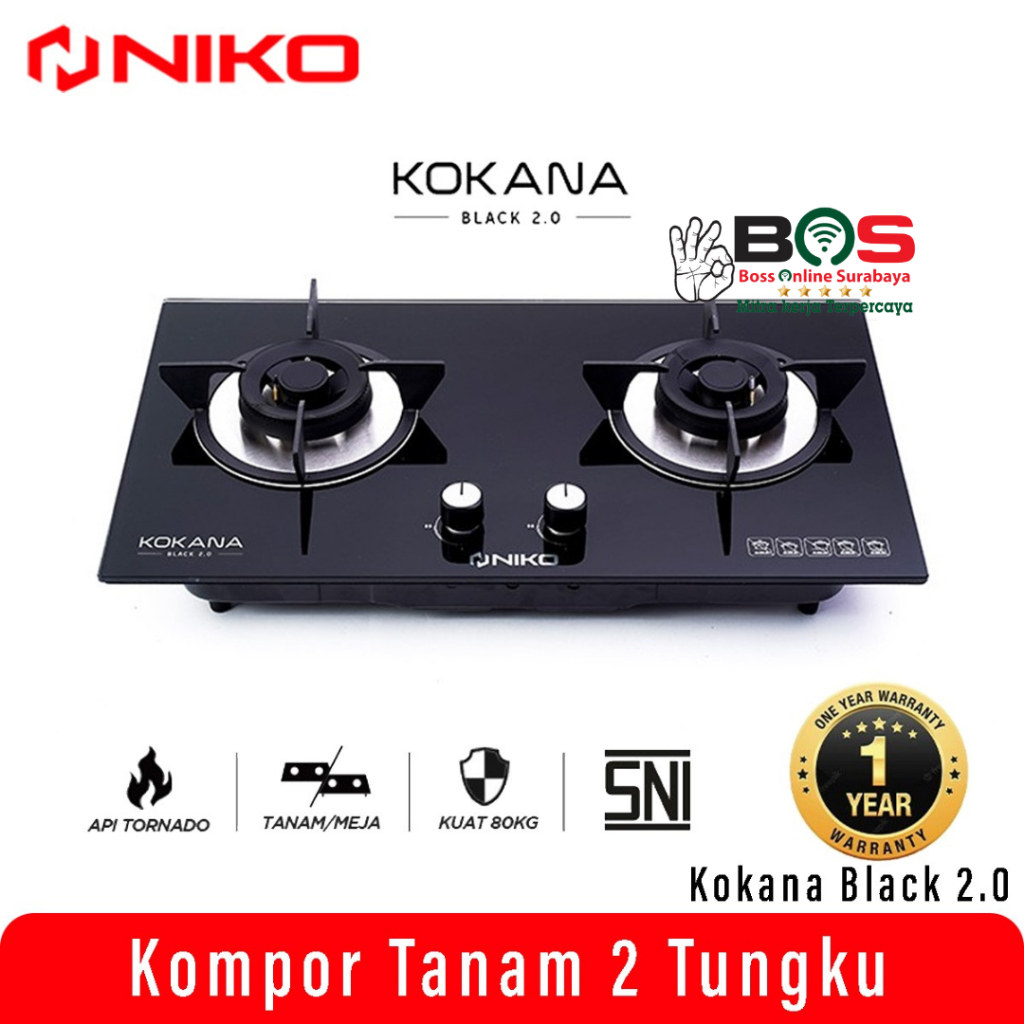 Niko Kompor Kaca 2 Tungku Gas Kokana Black 2.0 Kompor Tanam Niko