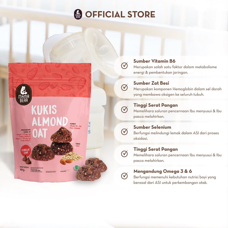 MamaBear Kukis Almond Oat rasa Cokelat Chip Cookies Cream Kurma 150gr | Pelancar ASI | ASI Booster