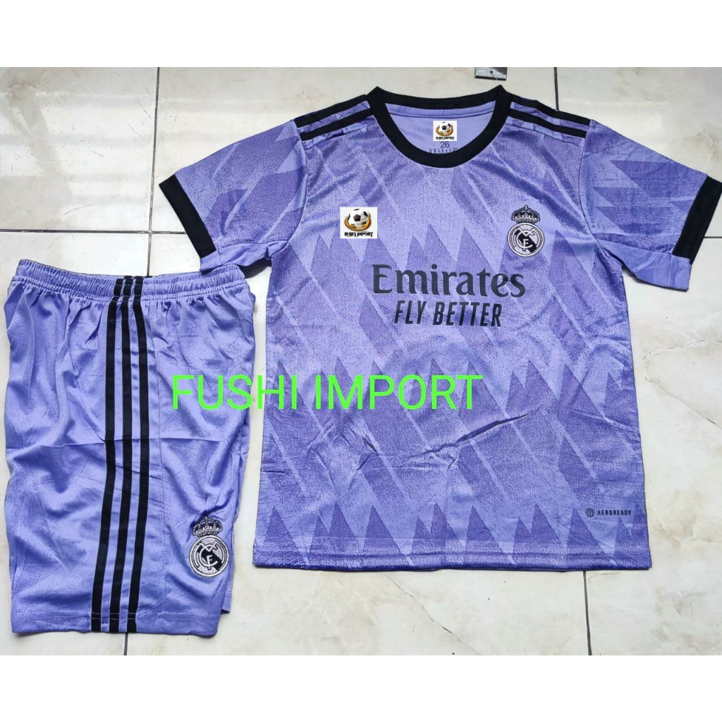 Setelan Jersey Baju Bola Anak Madrid Away Kids 2022 2023 Fullset Satu Set Grade Ori