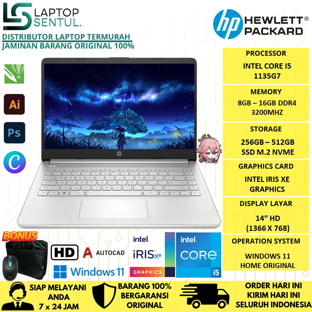 LAPTOP DESIGN HP 14S INTEL CORE I5 1135G7 16GB 512GB SSD IRIS XE HD WINDOWS 11 HOME ORIGINAL