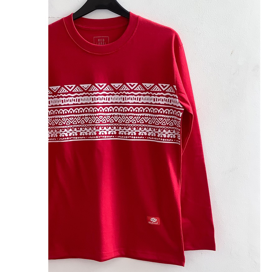 Kaos/T-Shirt Red Label 100% Katun Motif Batik Lengan Panjang Merah