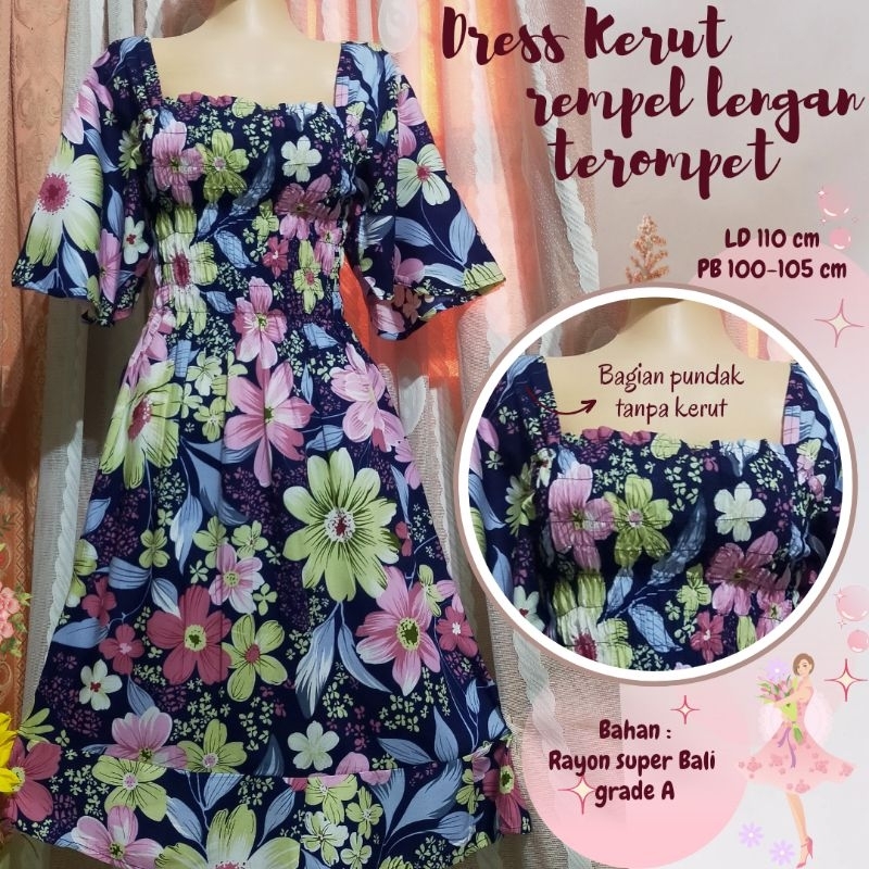 Kerut Rempel lengan terompet //Dress Gisel //Daster Bali //Daster kerut