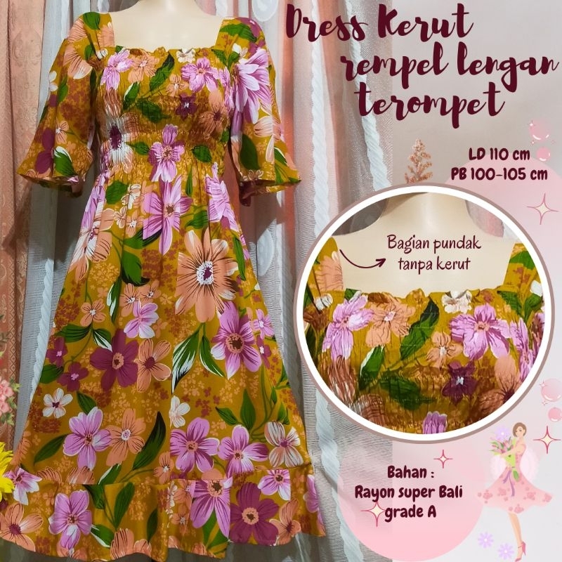 Kerut Rempel lengan terompet //Dress Gisel //Daster Bali //Daster kerut
