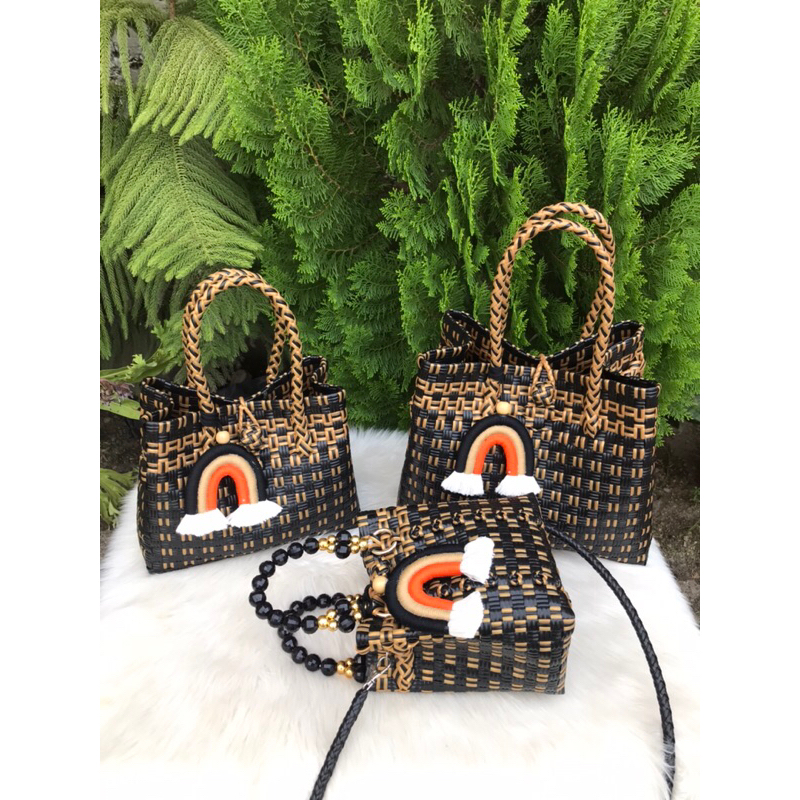 Tas Anyaman Plastik Premium Tas Jali Tote Bag Hitam Lurik Gold Series
