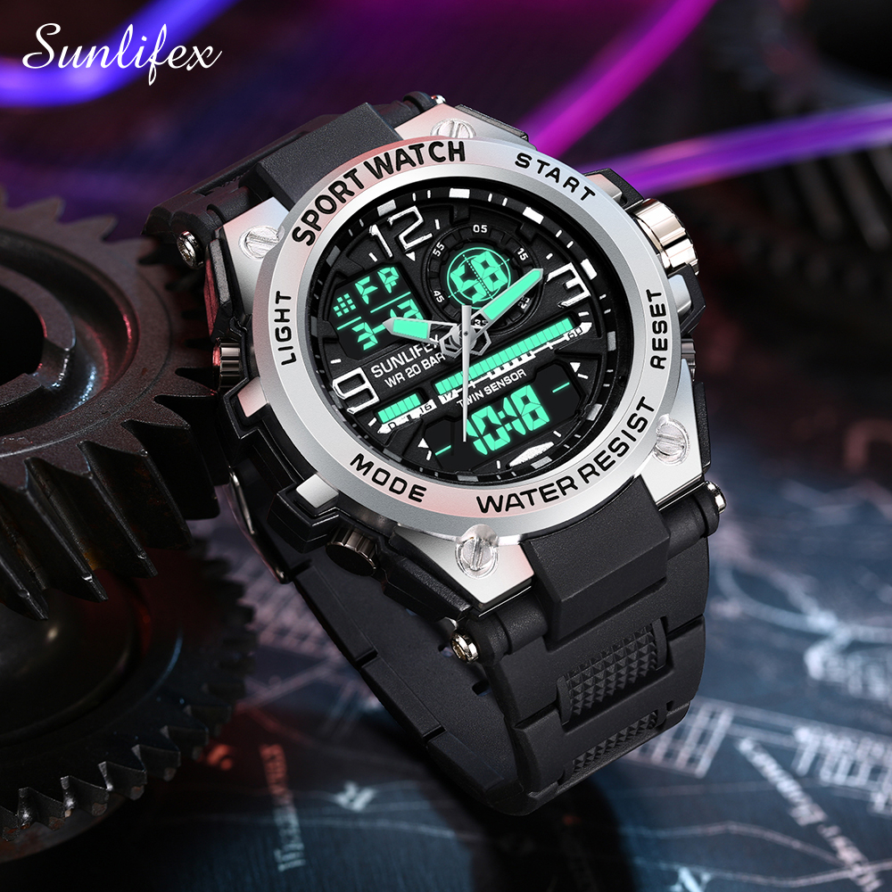 Sunlifex Jam Tangan Pria Digital&Analog Olahraga Multifungsi Tali Silikon Jam Tangan Cowok D003-Silver