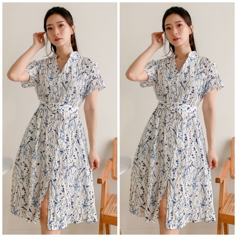 ♡ PREMIUM ♡ ORIGINAL ! SADDIE FLOWERY CRINKLE BELT MIDI DRESS