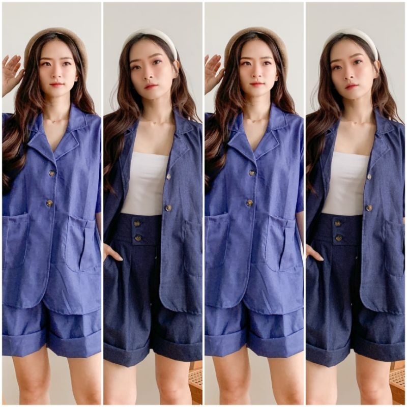 ♡ PREMIUM ♡ ORIGINAL ! PERRY 2 IN 1 DENIM JEANS SET COLLAR BUTTON BLAZER WITH SHORT PANTS