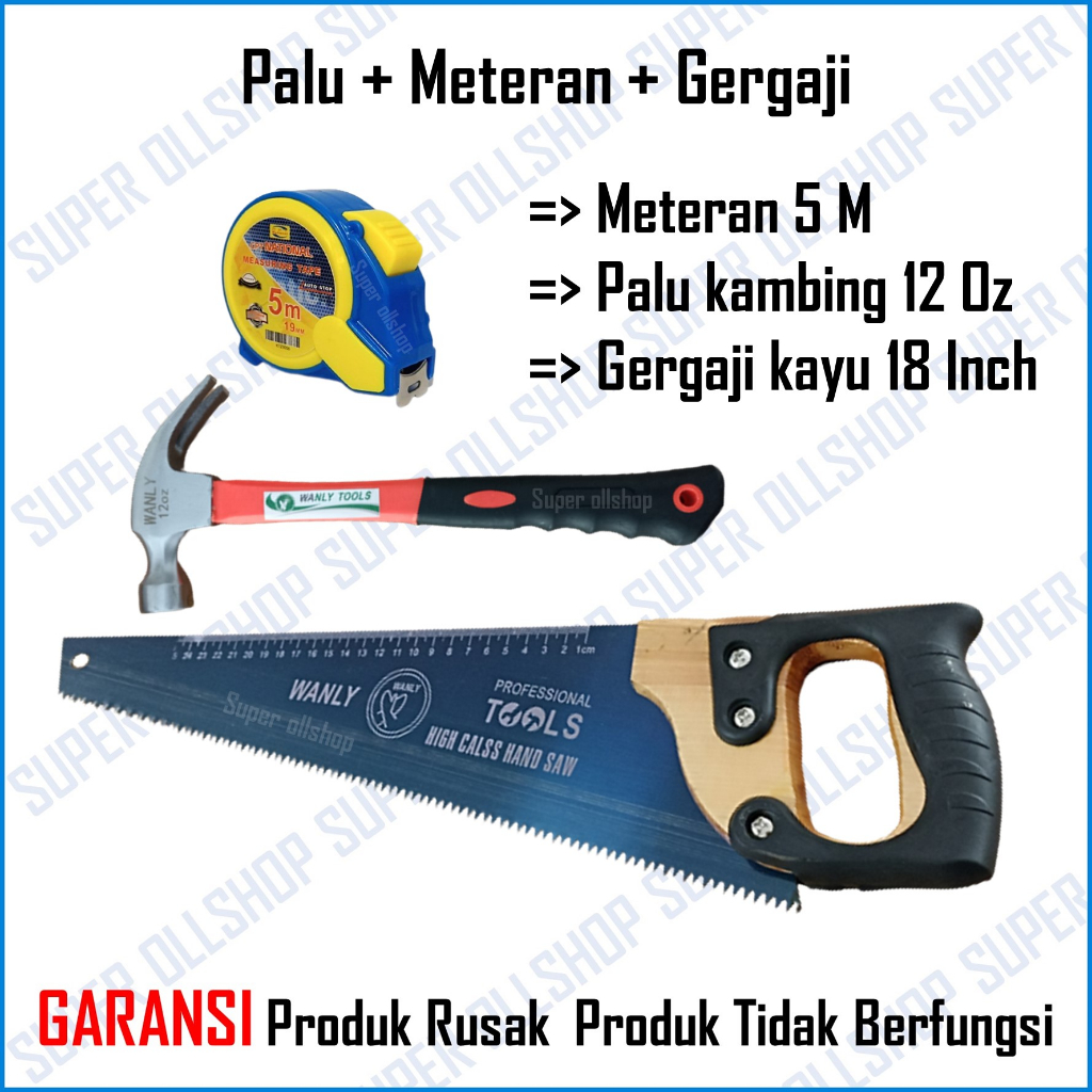 gergaji Paket Alat Tukang Palu Kambing Gerigi Magnet Fiber 12 Oz Gergaji Kayu Termurah Meteran Auto Stop 5 Meter