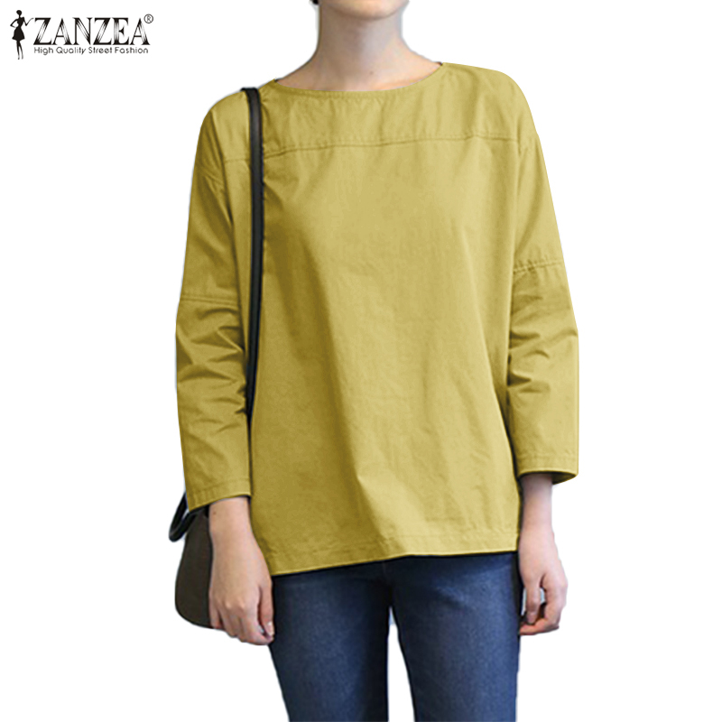 ZANZEA Women Korean Casual Solid Color 3/4 Sleeve O Neck Holiday Loose Shirts