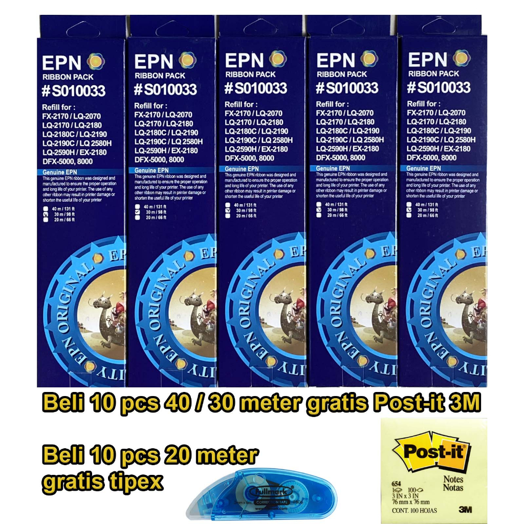 Pita Refill 2180 / 2190 EPN Ribbon Pack Compatible Epson LQ 2070 2080 2170 2180 2190 SO 10031 Beli 6 Gratis Post it 3M