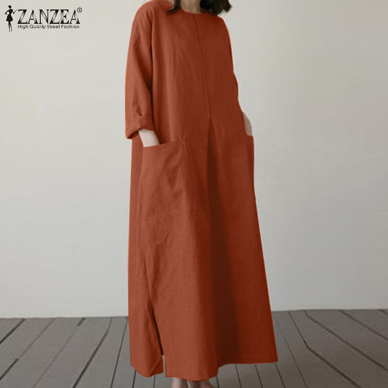 ZANZEA Women European Loose Daily Pocket 3/4 Sleeves Cotton Hem Slit Dresses