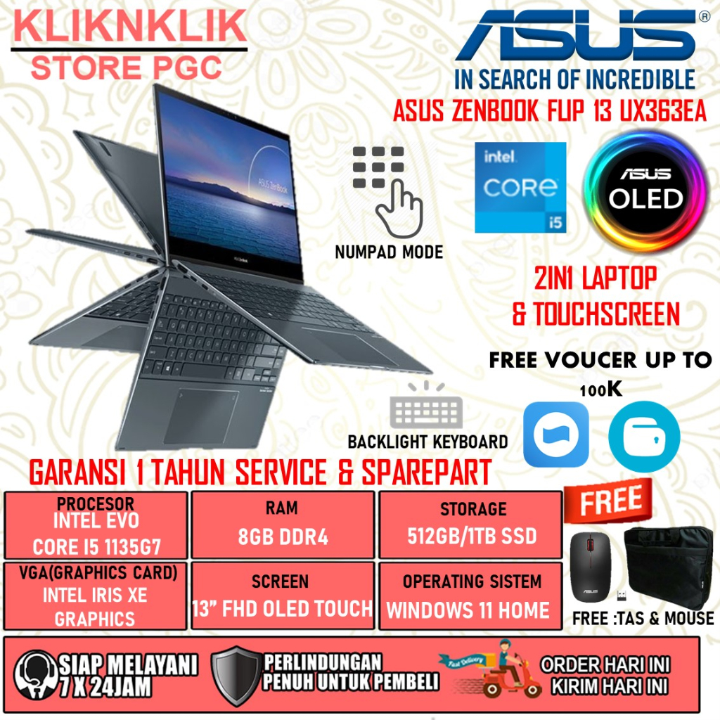 LAPTOP ASUS ZENBOOK FLIP UX363EA INTEL CORE I5 1135G7 RAM 8GB 512GB SSD IRIS XE FHD TOUCH OLED BL WINDOWS 10 HOME NUMBERPAD GREY