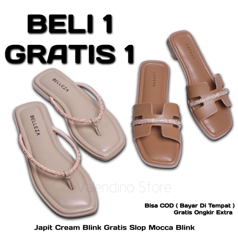 Sandal Wanita TIARA ANGEL Flat Teplek BELI 1 GRATIS 1 Bling Bling Cewek Casual Warna Hitam Mocca Putih Cream Size 37 38 39 40 Buy 1 Get 1