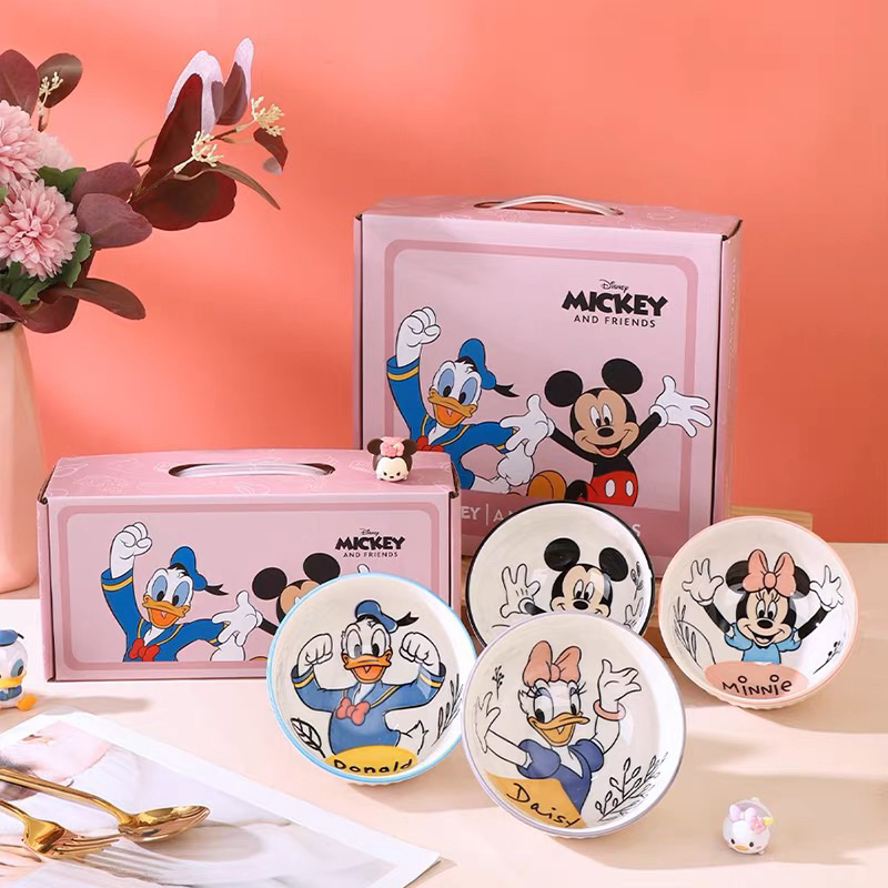 SET GIFT BOX MANGKOK KERAMIK MOTIF MICKEY MINNIE DONALD DAISY