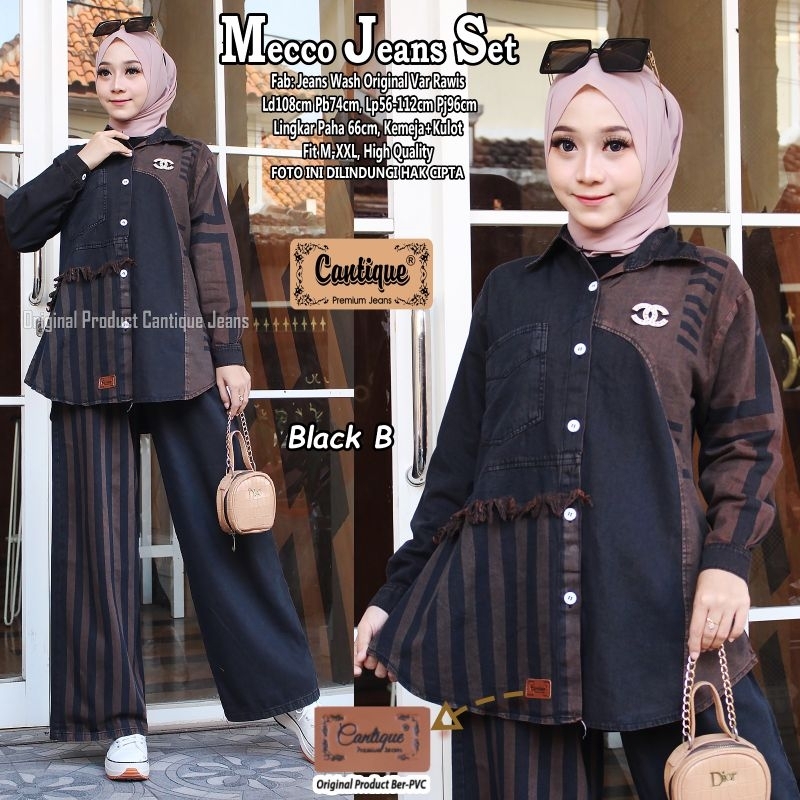 Mecco B One Set Setelan Celana Kulot Tunik Jeans Hitam Motif Salur Garis Ld 108 Jumbo Fit XXL By Can