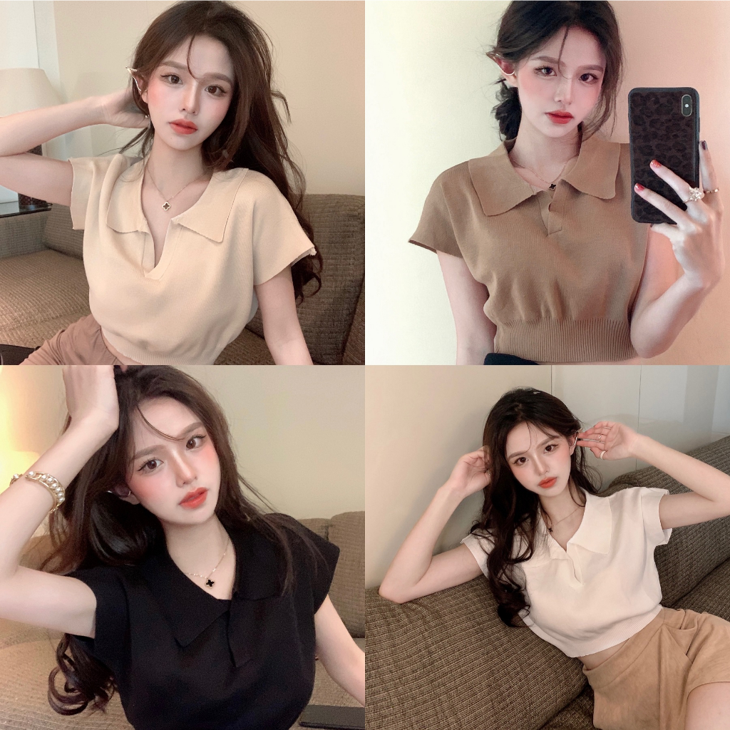 Kaos Rajut Lengan Pendek Wanita Polos Crop Top Korean Style Knit Baju Atasan Wanita Terbaru