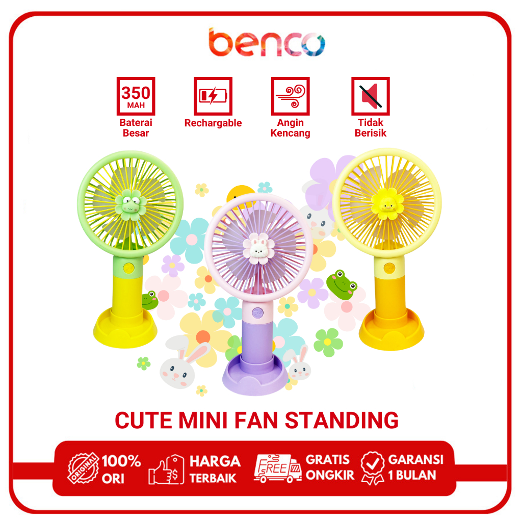 BENCO Kipas Angin Mini Genggam Tangan Karakter Lucu Cute Mini Fan Portable Handheld Rechargeable USB Cas