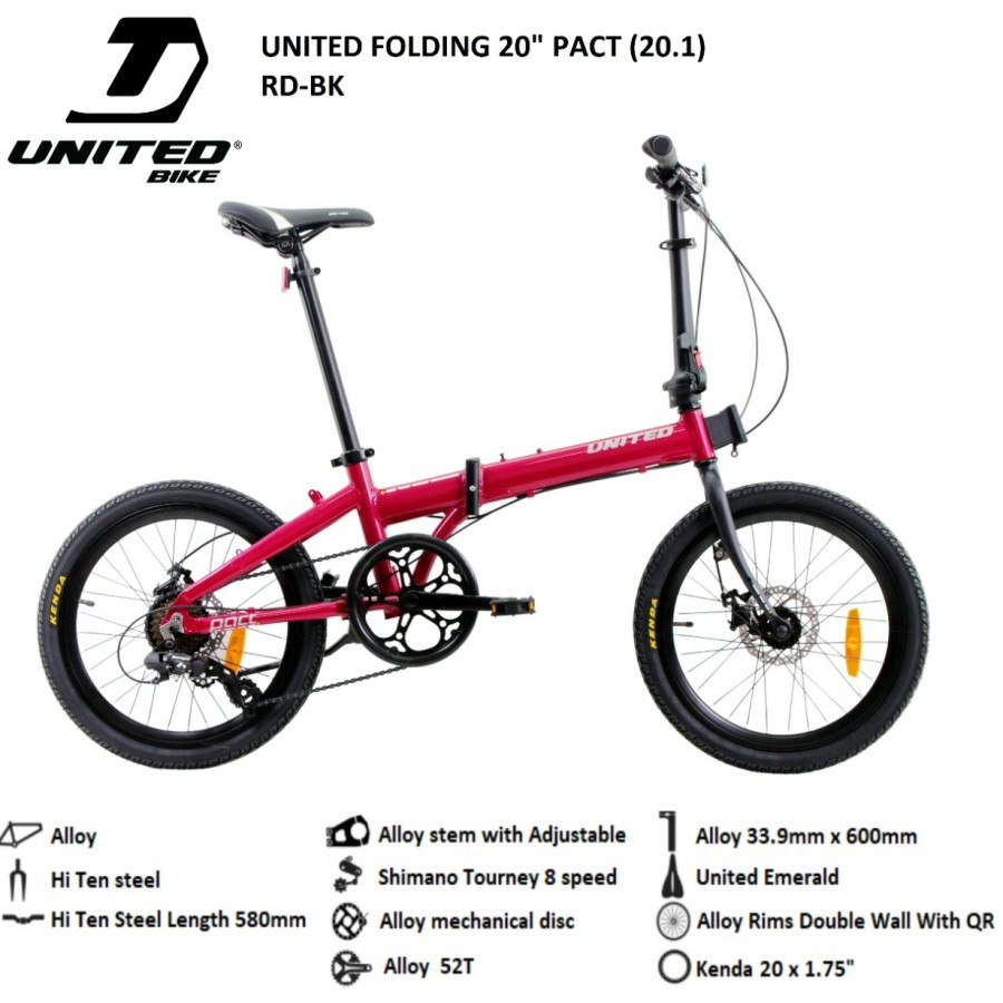 Sepeda lipat 20 inch united pact shimano 8 speed alloy rem cakram discbrake dewasa dan ank remaja hi