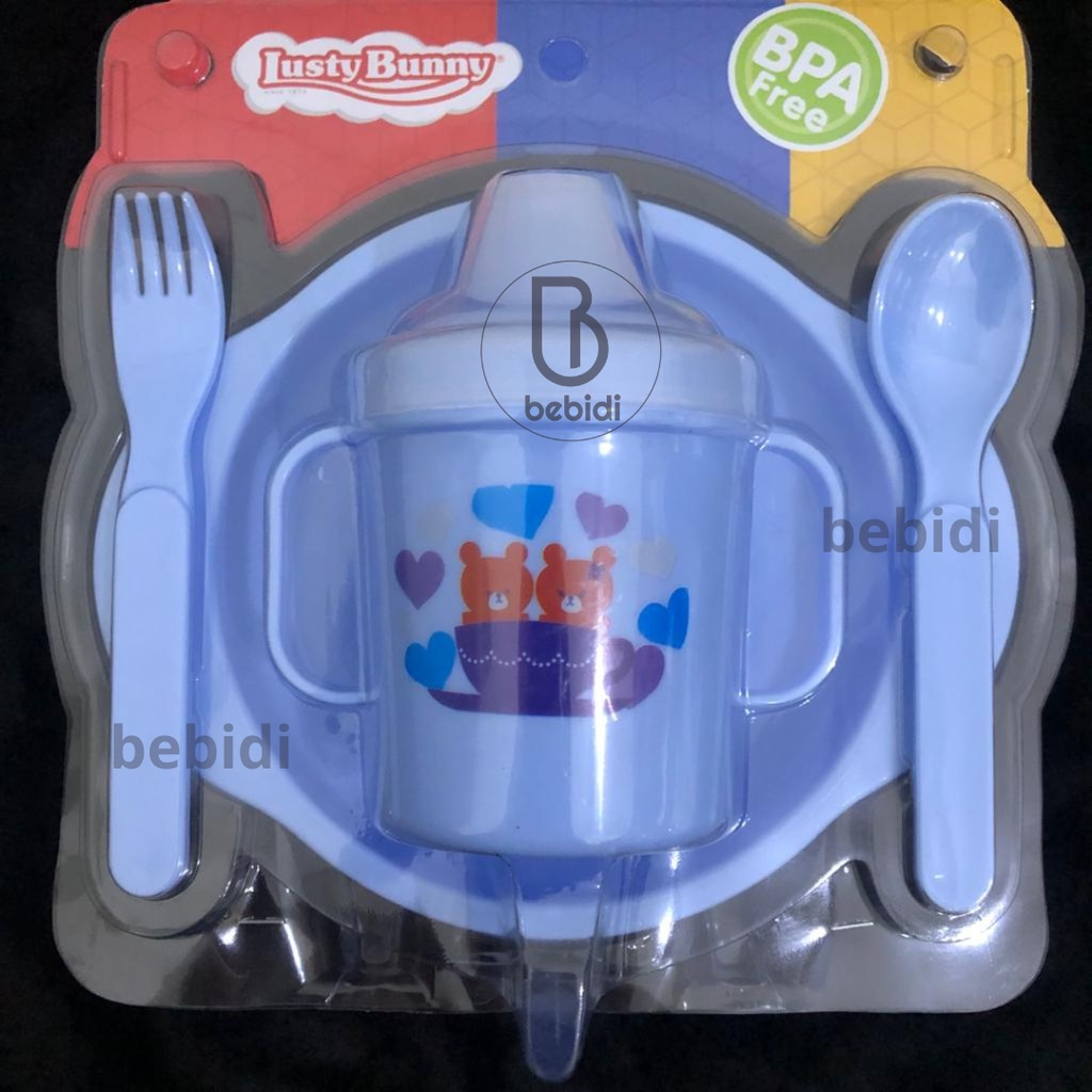 SET Alas makan Bayi BIRU LUSTY BUNNY 1426 Feeding Set Baby GIFT SET Perlengkapan Makan Bayi Gelas Mangkuk Sendok Garpu Kado Bayi Lahir anak Ultah new born  bingkisan giftset sets peralakatan makan baju box eksklusif ibu melahirkan baj