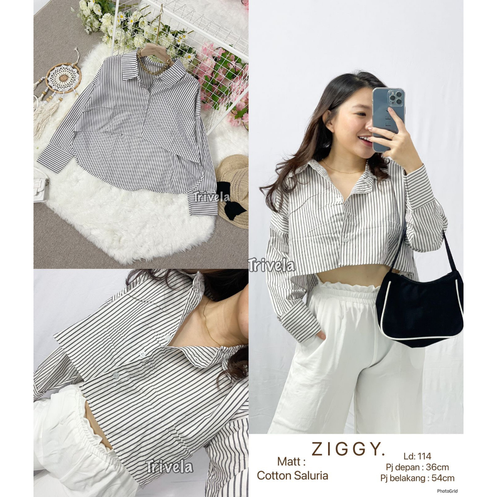 TRIVELA. Ziggy Top ll Stripe Shirt 4 Warna - Kemeja Salur Garis Oversized Crop Shirt Atasan Wanita Lengan Panjang - SJJ