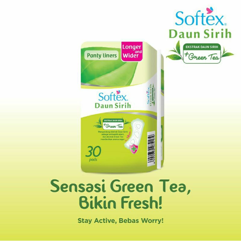 Softex Pantyliner Daun Sirih 30 Pads Longer &amp; Wider 18cm Non Perfume (PANTY LINERS KUNING 30 Pad)