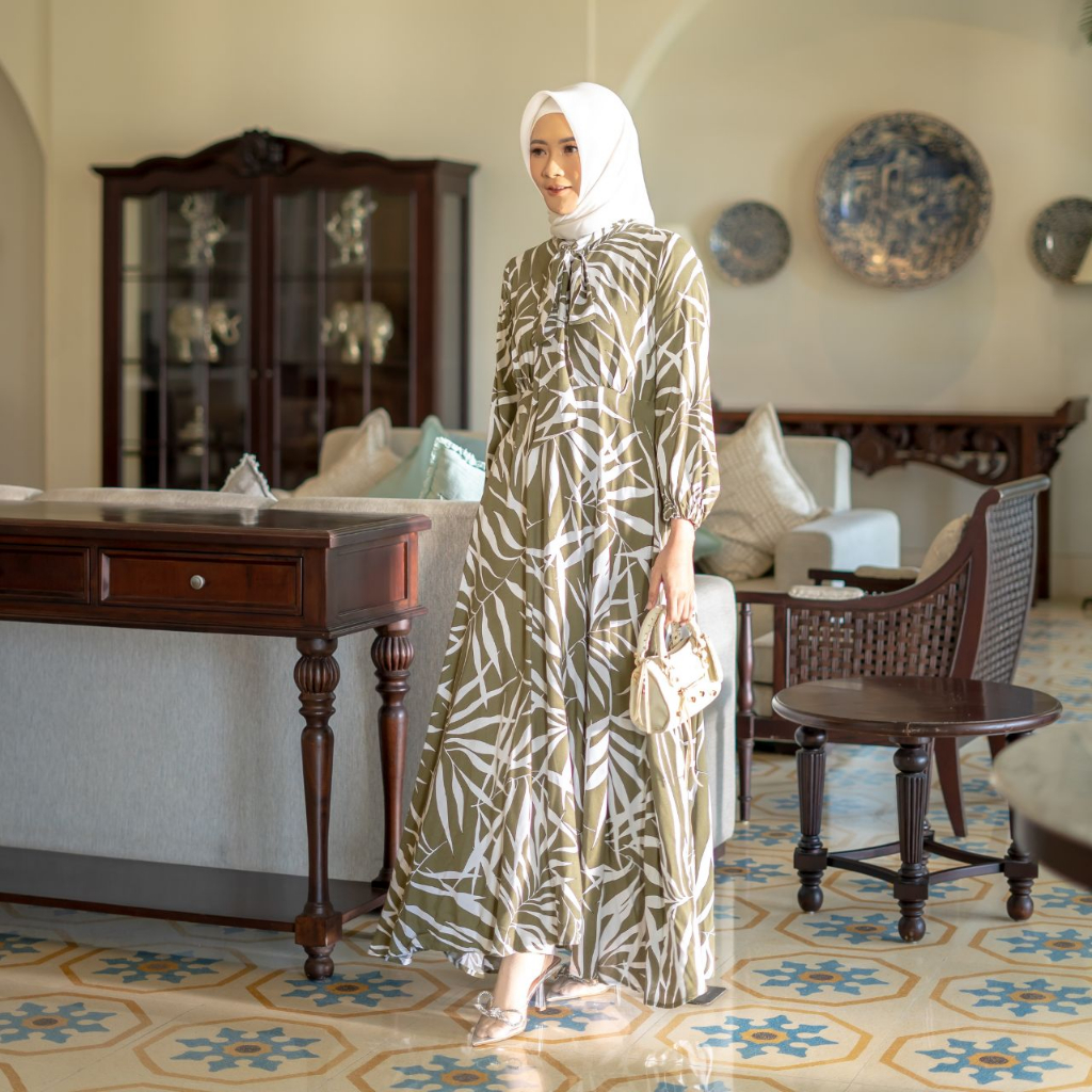 AIJO - Dress Anne Motif Daun - Fashion Hijab Dress