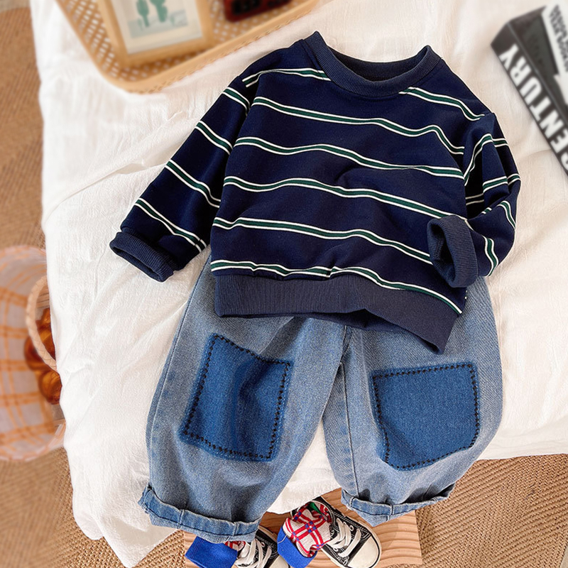 setelan lengan panjang anak lakilaki motif navy garis usia 6 bulan - 5 tahun import