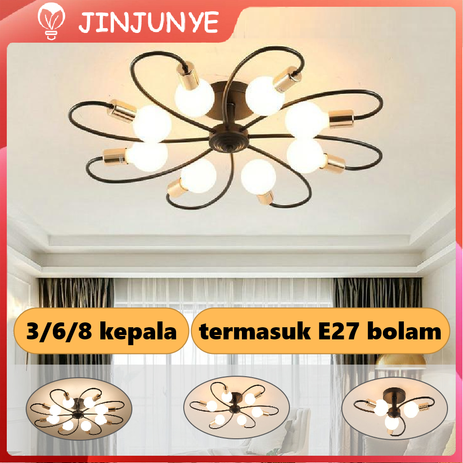 ⚡Bolam gantis⚡Lampu Plafon Industrial LED 3/6/8 Kepala Minimalist Lampu Hias Plafon Kamar Tidur Bahan Besi Modern minimalist chandelier  E27 bolam Untuk Ruang Tamu / kamar tidur EWI