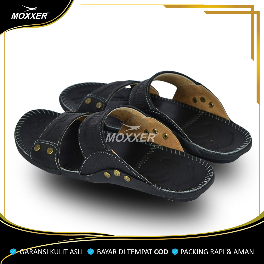 Sandal Kulit MOXXER Pria | Sandal Slide Kulit Asli Full Up MOXXER Slip On Cowok Terbaru Kekinian