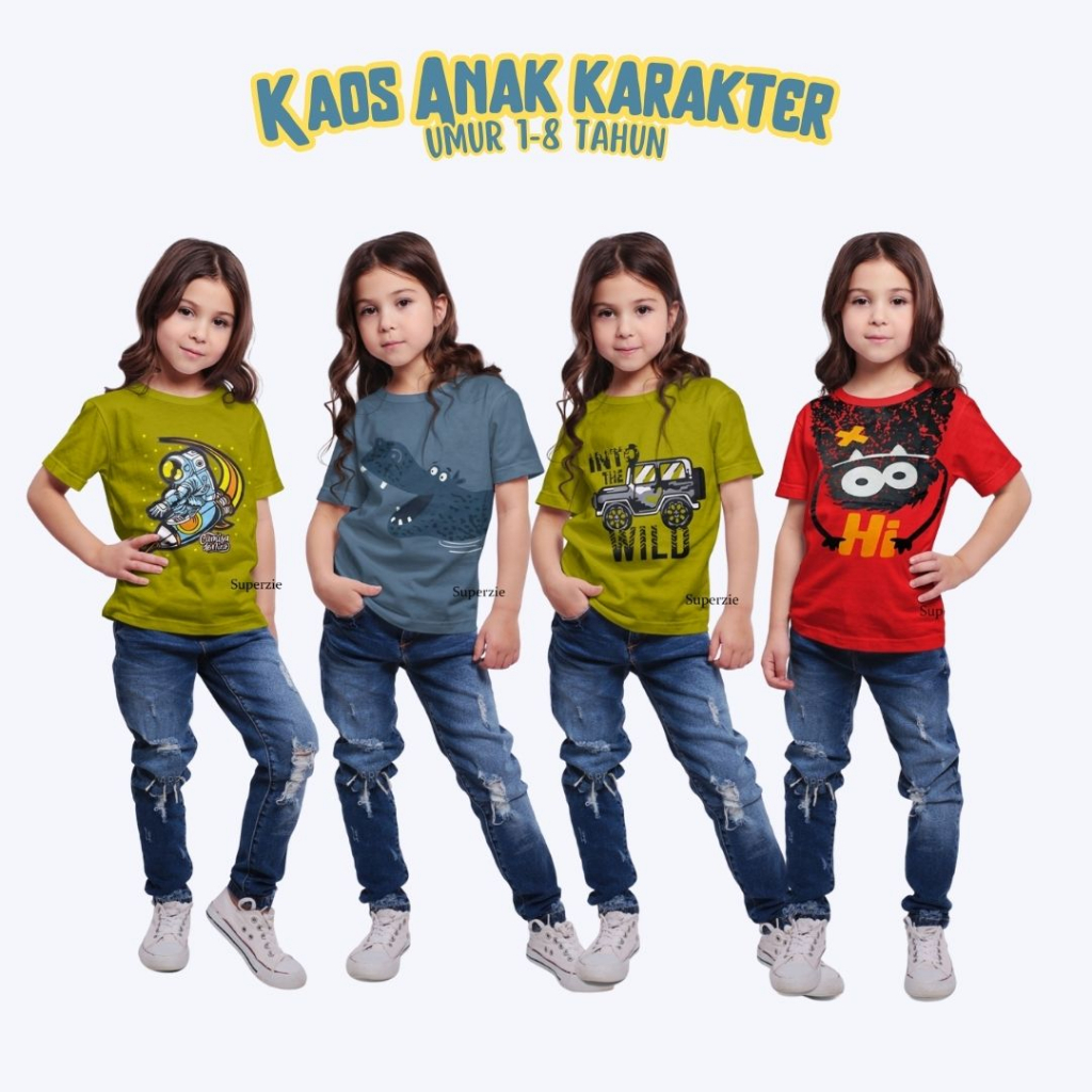 Kaos Anak Perempuan Karakter Kartun 1-8 tahun [S,M,L,XL] Konveksi Kaos Anak Distro Cowo Cewe Grosir Ecer Superhero