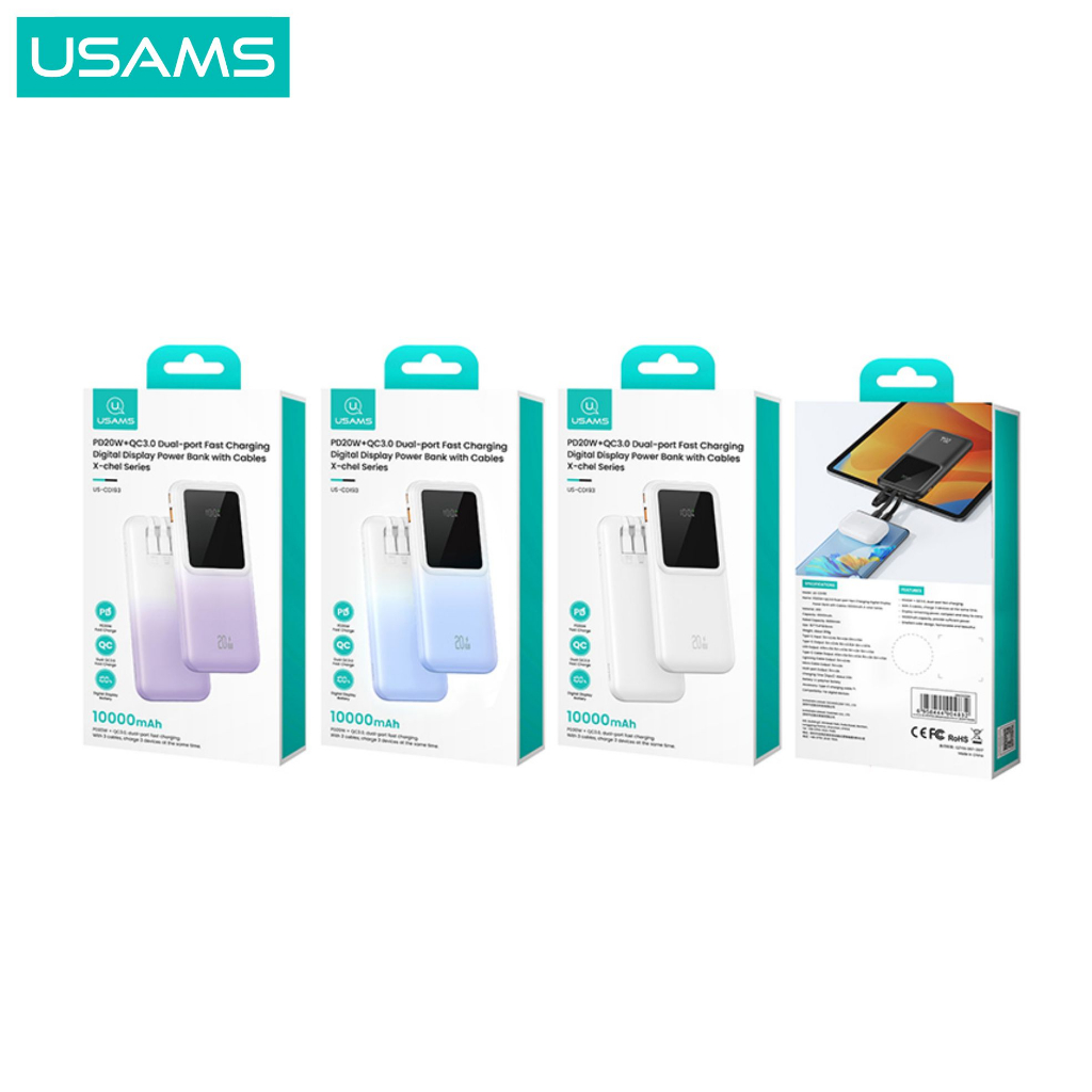 USAMS X-Chel Powerbank With Cables 10000mAh PD20W+QC3.0 Fast Charging