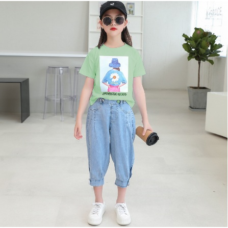 Setelan anak perempuan import MOTIF OPTIMISTIC MOOD +JEANS TEBAL- setelan anak teenager perempuan import