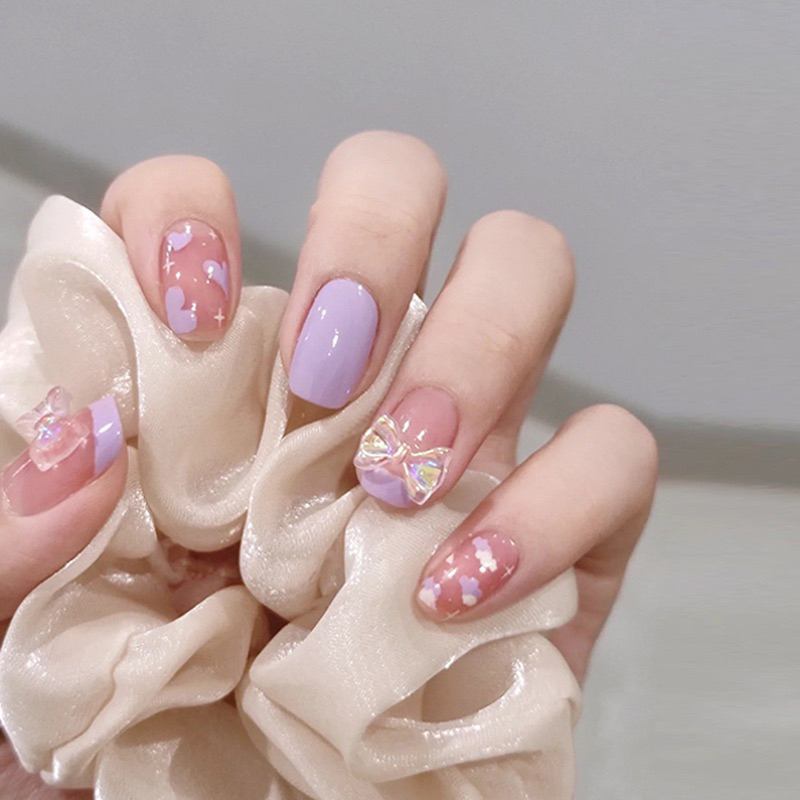 [ COD ] NAILART KUKU PALSU MOTIF PITA HATI UNGU : 1 SET ( 24 PCS ) KUKU PALSU FAKE NAILRT LEM 3D MOT