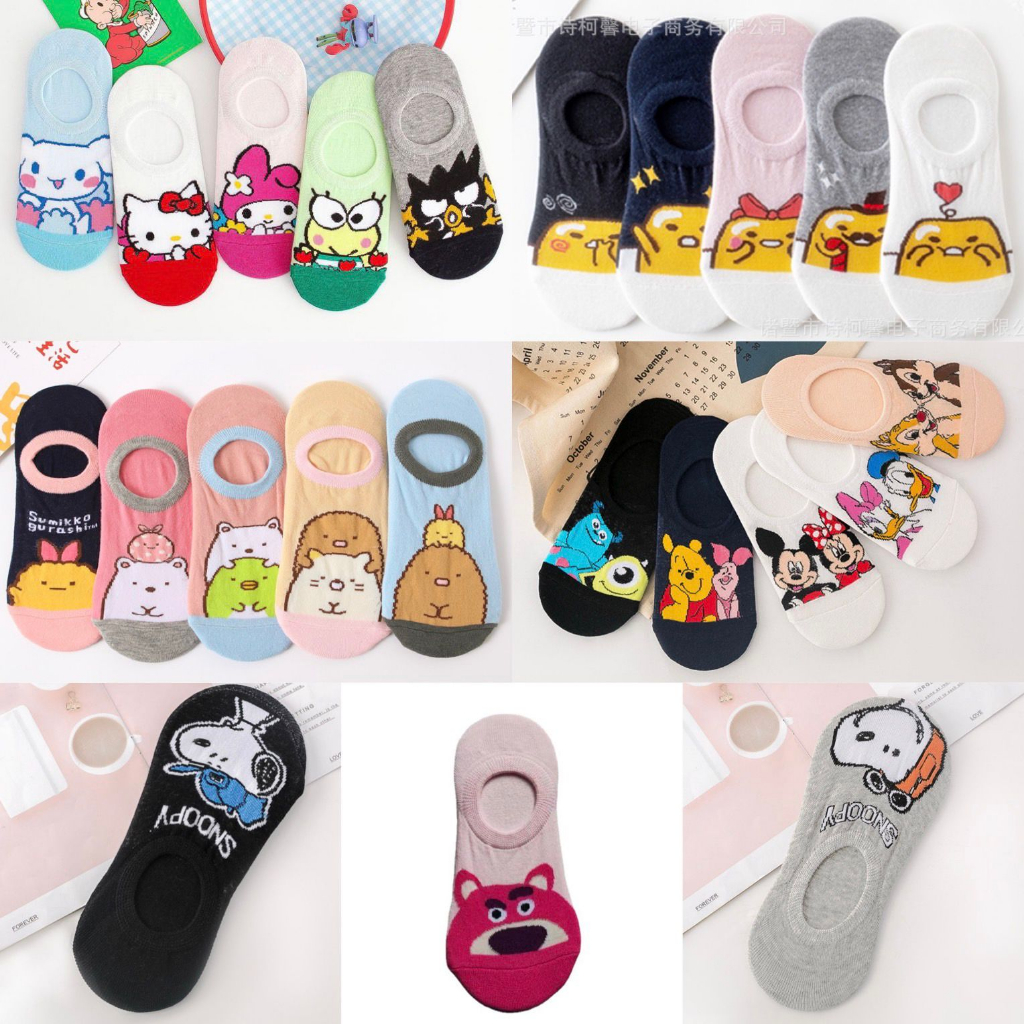 Kaos Kaki Socks Import Karakter Snoopy Lotso Shinchan Donald Winnie The Pooh Duffy Shellie May One Piece Cinnamoroll My Melody Keroppi Totoro Stitch Chip and Dale Princess Sumikko Doraemon Marvel Pikachu Pokemon Monster Inc Mickey Mouse Minnie Mouse