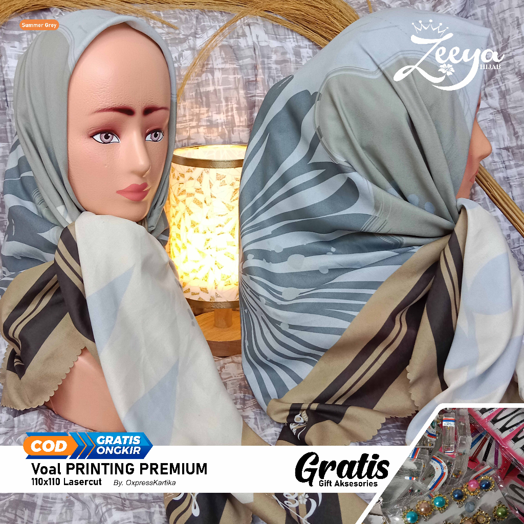 Kerudung VOAL hijab wanita fullprinting premium lasercut Gratis peniti hijab bross dll gambar realpict/Zeeyahijab