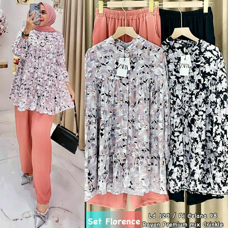 Florence Set, SETELAN WANITA CANTIK MODIS FIT XXL LD 120 BAHAN TOP RAYON PREMIUM PANTS CRINKLE IMPORT KANCING AKTIF TERMURAH OOTD KEKINIAN TERLARIS