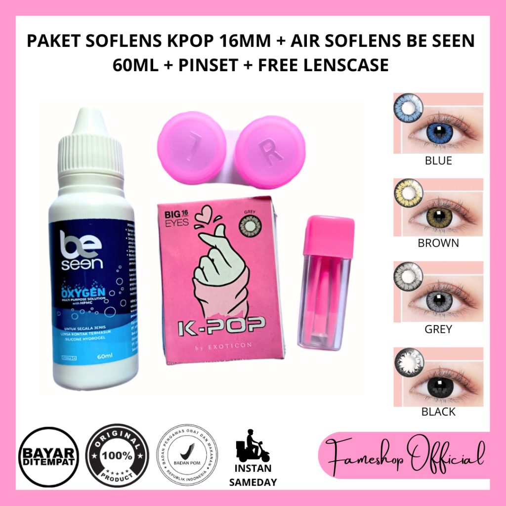 PAKET SOFTLENS KPOP DIA 16MM + CAIRAN BE SEEN 60ML + PINSET + LENSCASE / COD INSTAN SAMEDAY / LENSA KONTAK / PAKET MURAH