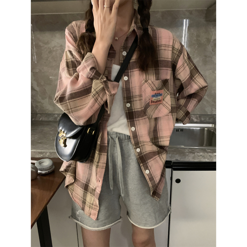 Korean Style Oversize Retro Panjang Lengan Semua Pertandingan Pink Korea Plaid Shirt