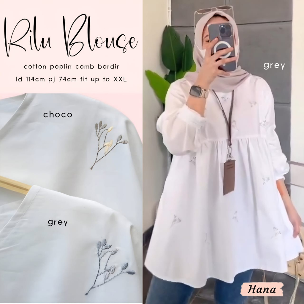 Koleksi Atasan Blouse Babydoll Wanita Terbaru Bordir Bunga Premium Katun Poplin Rilu Blus