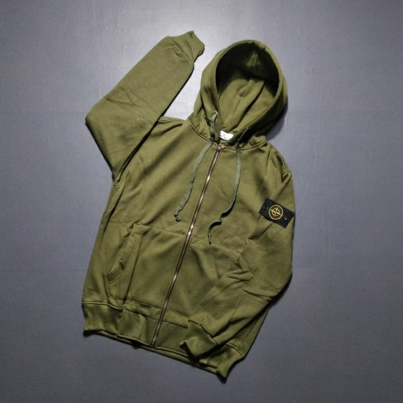 Jaket Sweater Zipper STONE ISLAND Basic Hijau Army Fulltag